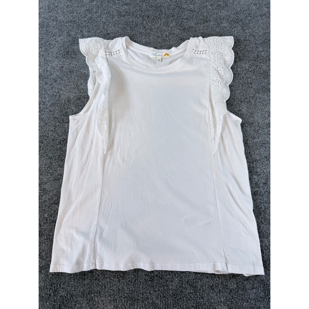 C&C California Womens White Eyelet Lace Ruffle Sleeveless Tank Top Medium